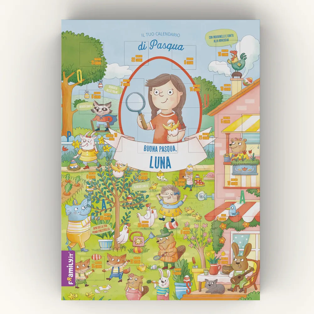 Il calendario del conto alla rovescia di Pasqua di Framily mostra teneri animaletti che festeggiano davanti a una casa, con la foto di una bambina con una camicia rossa e in mano un uovo con un pulcino. La scritta «Buona Pasqua, Luna» è stampata sopra.