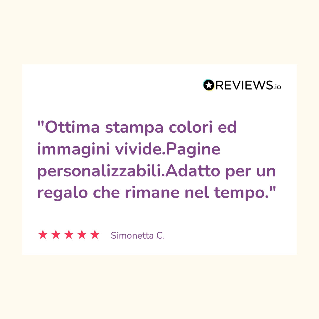 Recensione: "Ottima stampa, colori ed immagini vivide. Pagine personalizzabili. Adatto per un regalo che rimane nel tempo."