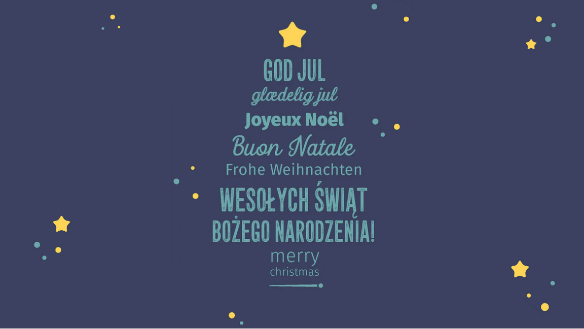 Ein Tannenbaum aus Wünschen zu Weihnachten in ganz unterschiedlichen Sprachen