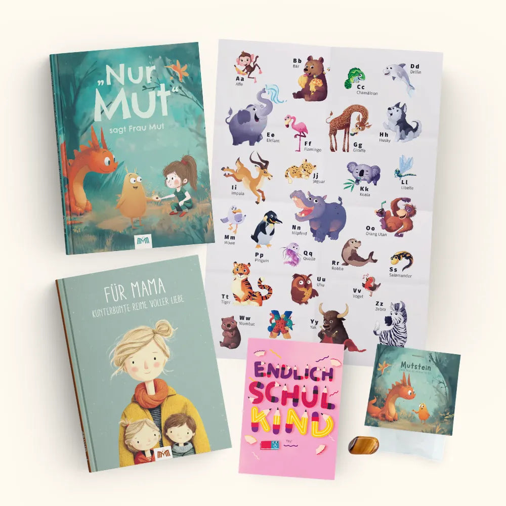 Einschulungspaket "Mama & Kind": "Nur Mut, sagt Frau Mut" Buch, "Für Mama" Buch, ABC Poster, Mutstein und Karte "endlich Schulkind".