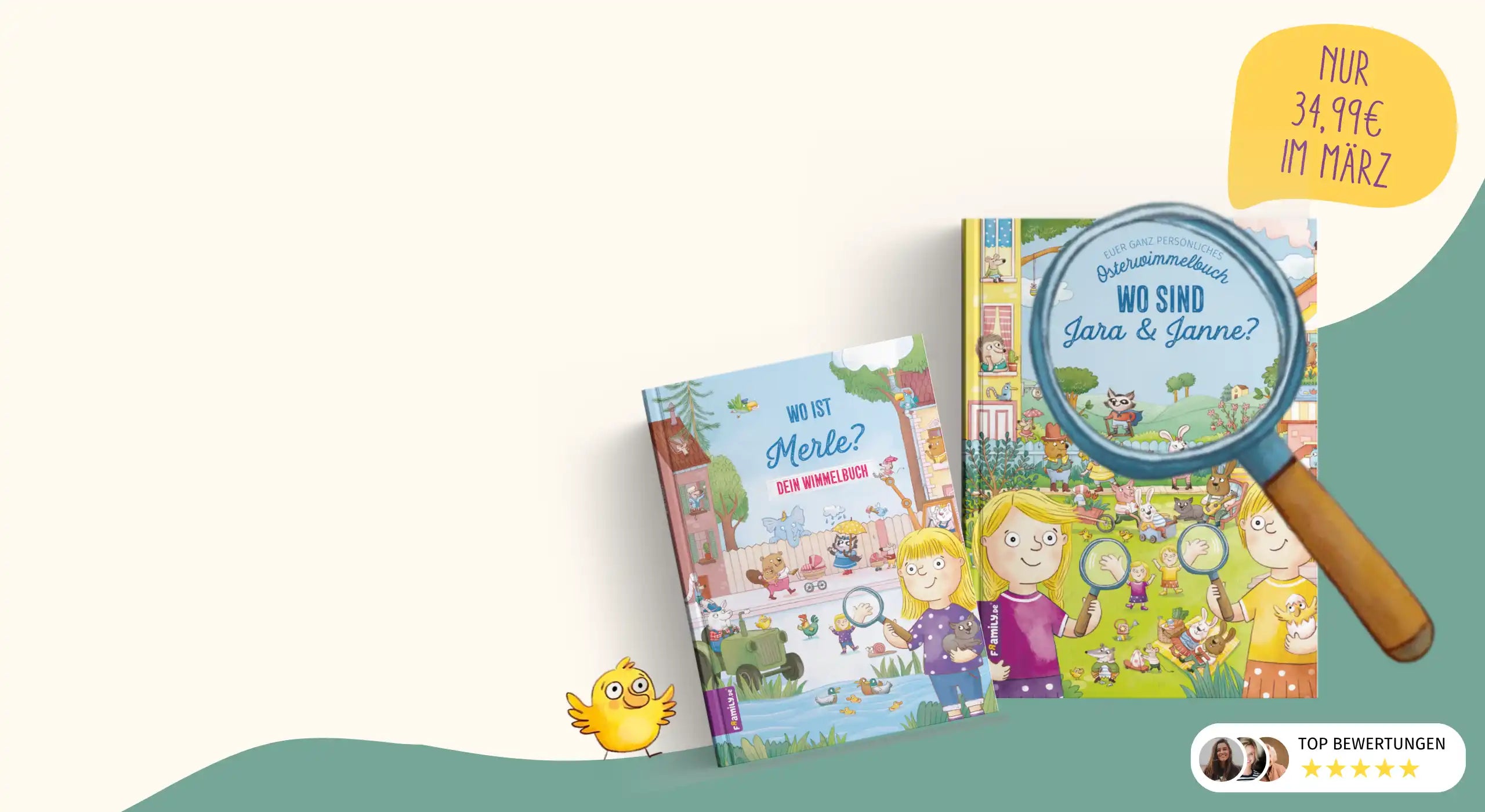 5 EUR sparen auf alle Wimmelbücher im März. Produktabbildung der Wimmelbücher mit Lupe und Osterküken