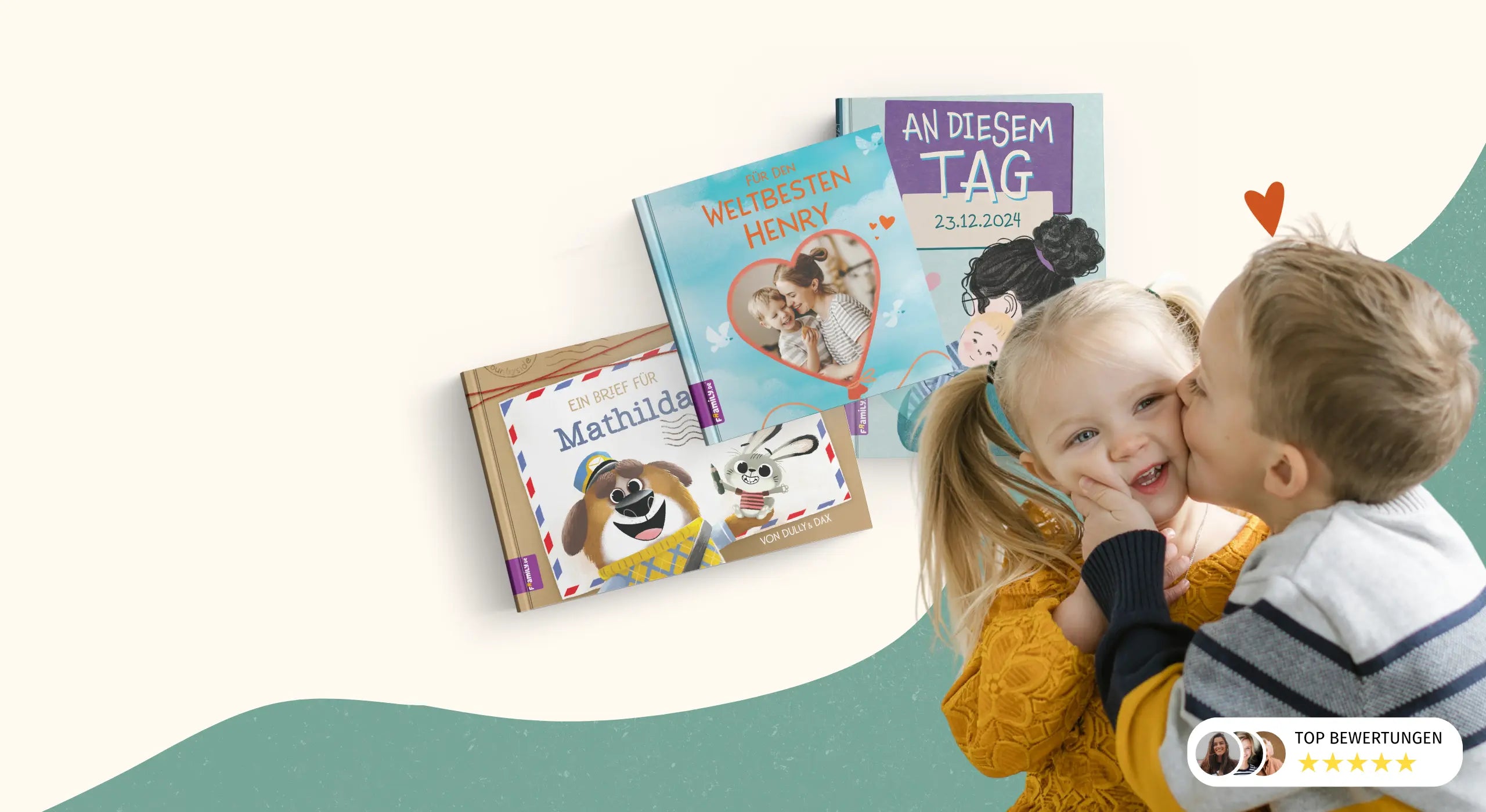 Foto von zwei Geschwistern, die sich liebkosen. Daneben drei Bücher zum Valentinstag