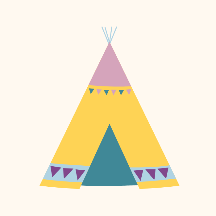 Illustration eines gelben und rosafarbenen Tipi-Zeltes mit blauem Eingang. 