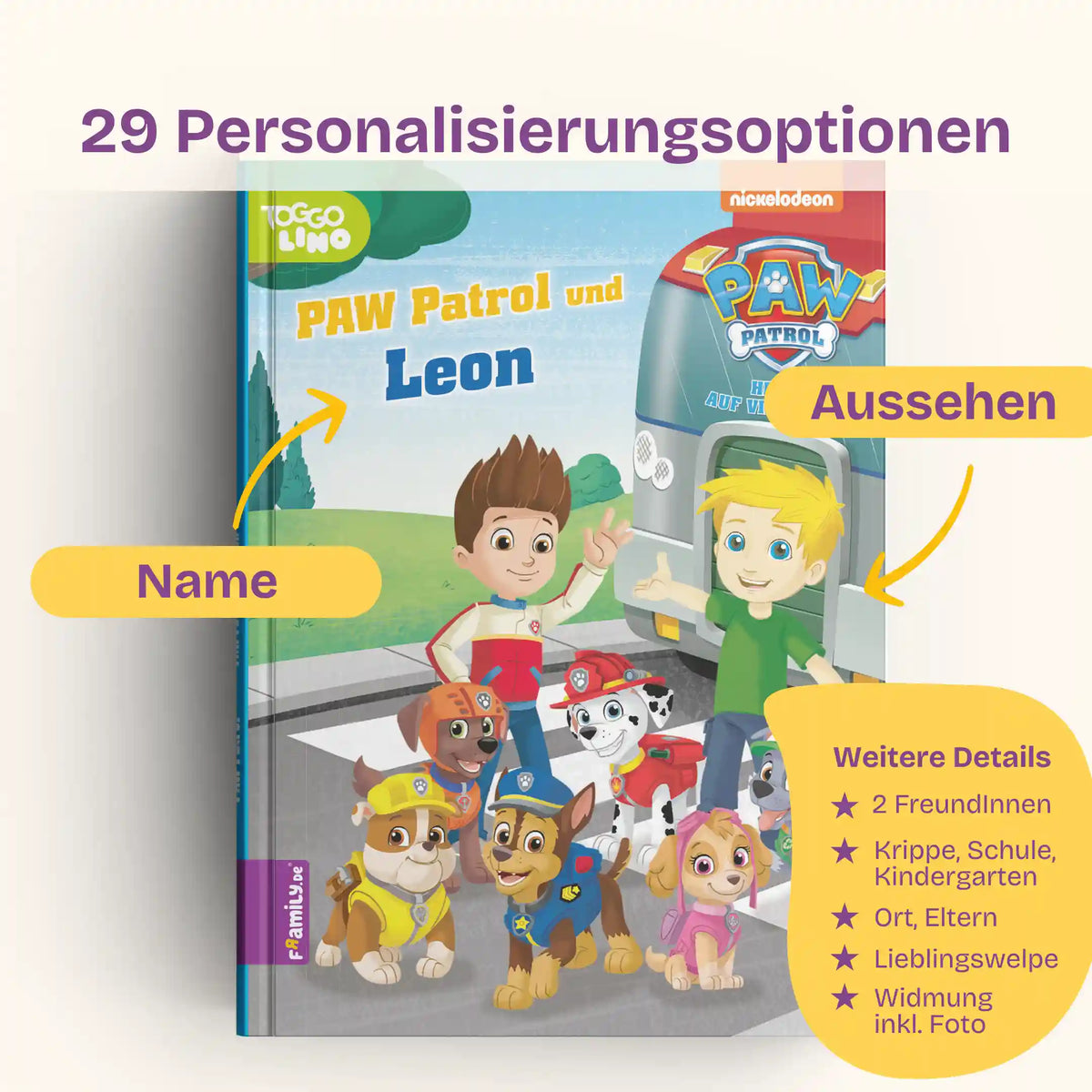 29 Personalisierungsoptionen: Name und Aussehen, 2 FreundInnen, Krippe/Kindergarten/Schule, Ort, Eltern, Lieblingswelpe, Widmung inklusive Foto