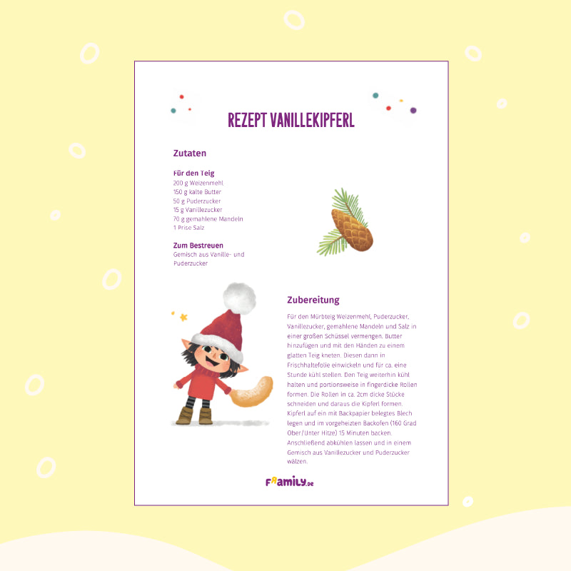 Rezept zum kostenlosen Download für
Vanillekipferl. Der Text enthält Zutaten und Backanweisungen.