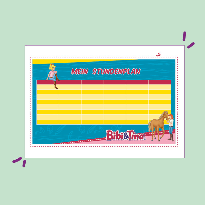 Stundenplan zum kostenlosen Download mit Bibi und Tina mit ausfüllbarem gelb, roten Stundenplan auf blauem Hintergrund.