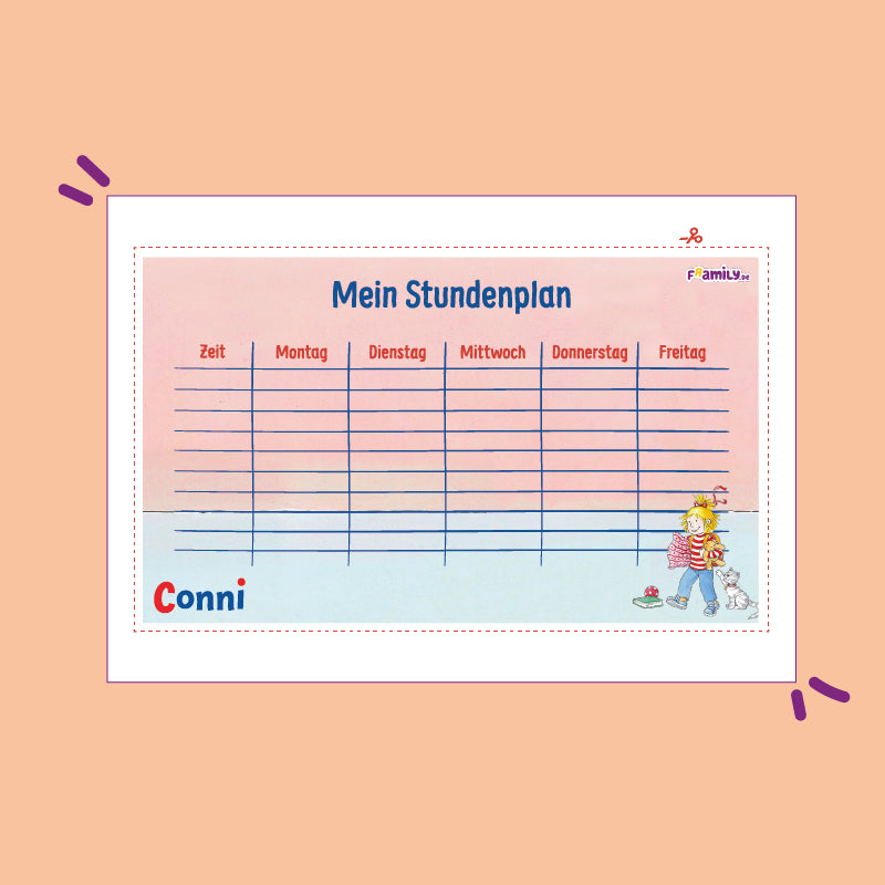 Stundenplan zum kostenlosen Download mit Conni auf hellblauem Boden und rosafarbener Wand