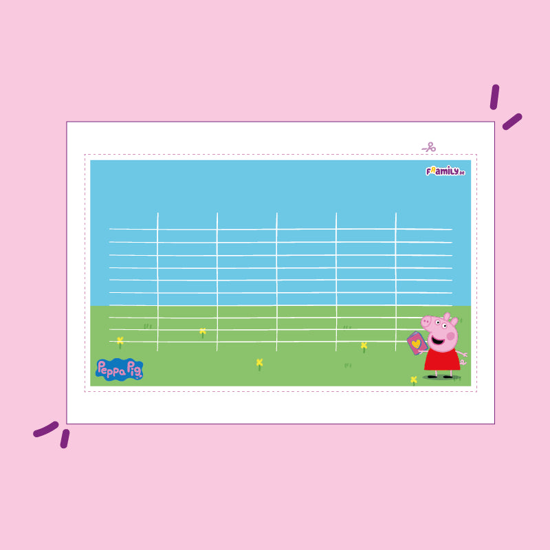 Stundenplan zum kostenlosen Download mit Peppa Pig auf grüner Wiese und mit blauem Himmel.