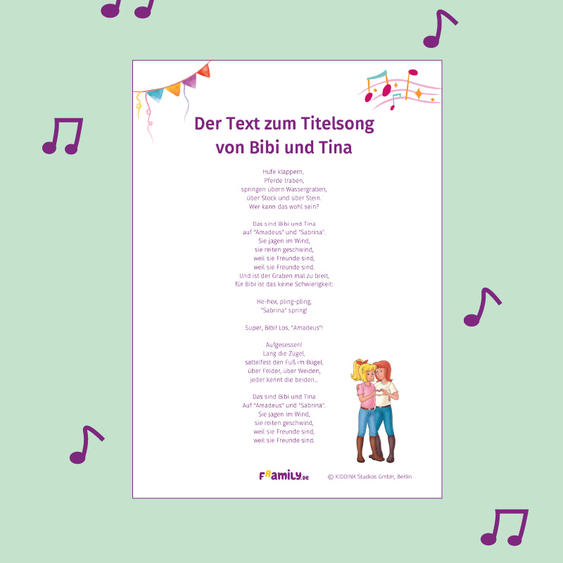 Titelsong von Bibi und Tina zum kostenlosen Download auf einem Papier mit bunten Noten, Wimpelkette und Bibi und Tina. 