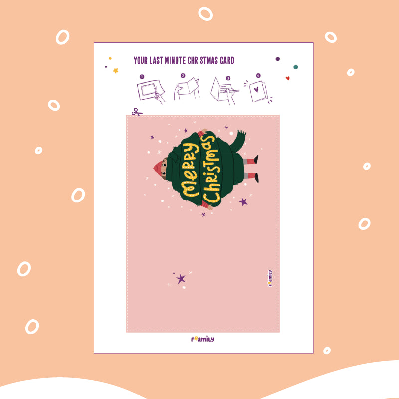 Eine beschreibbare Last-Minute-Weihnachtskarte zum kostenlosen Download mit einer in einem Schal eingewickeltem Menschen, was aussieht wie ein Weihnachtsbaum und dem Schriftzug Merry Christmas. 