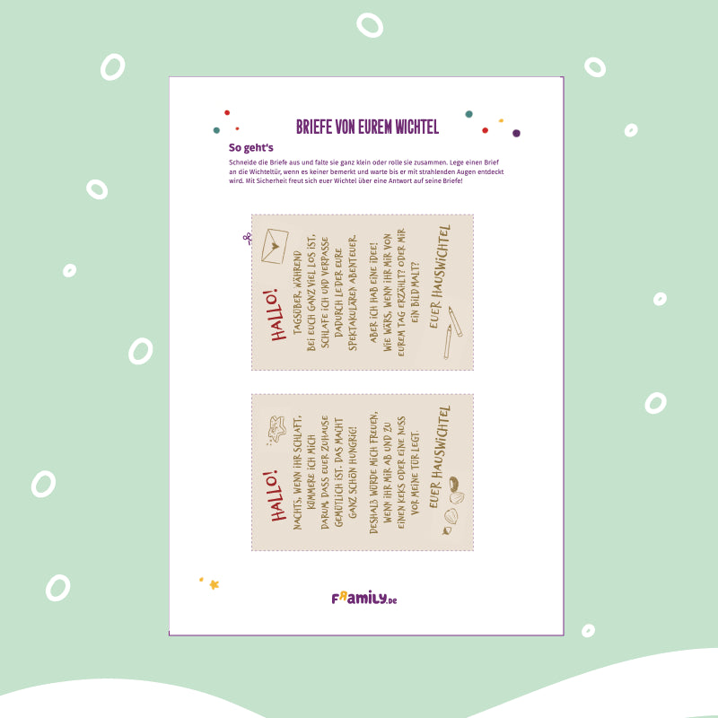 Vorlage zum kostenlosen Download: Ein Blatt mit zwei ausgeschnittenen Briefen von einem Wichtel mit verspielten Schriftarten und kleinen Illustrationen 