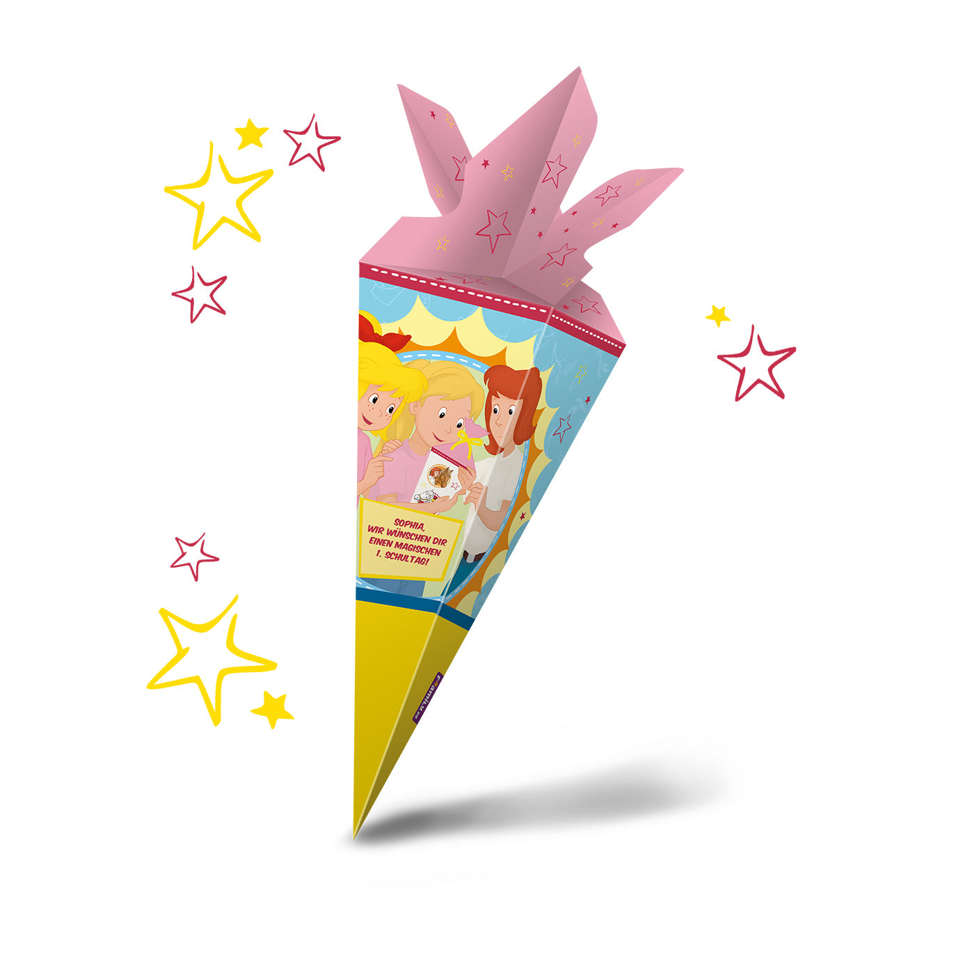 Die Framily Bibi & Tina Mini-Schultüte ist ein farbenfrohes, kegelförmiges Geschenk zur Einschulung, das drei lächelnde Mädchen, ein rosa Oberteil und gelbe und rosa Sterne auf weißem Hintergrund zeigt.