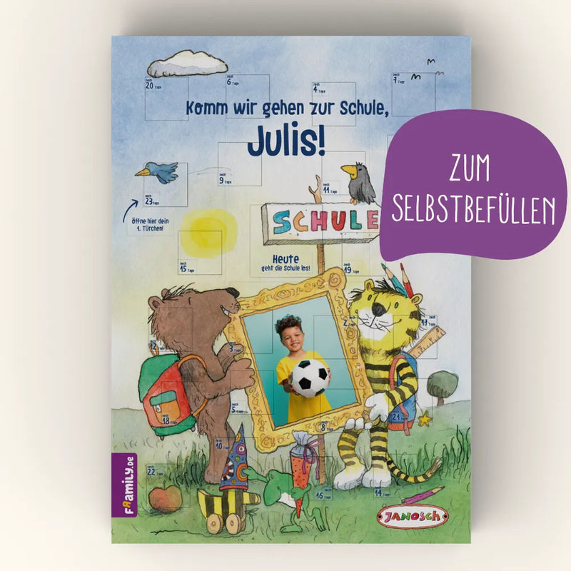 Der Framily Janosch Countdown-Schulstart-Kalender zum Selbstfüllen mit den beliebten Janosch-Motiven, der Foto des Kindes und dem Namen Julis – perfekt als Einschulungs-Countdown.